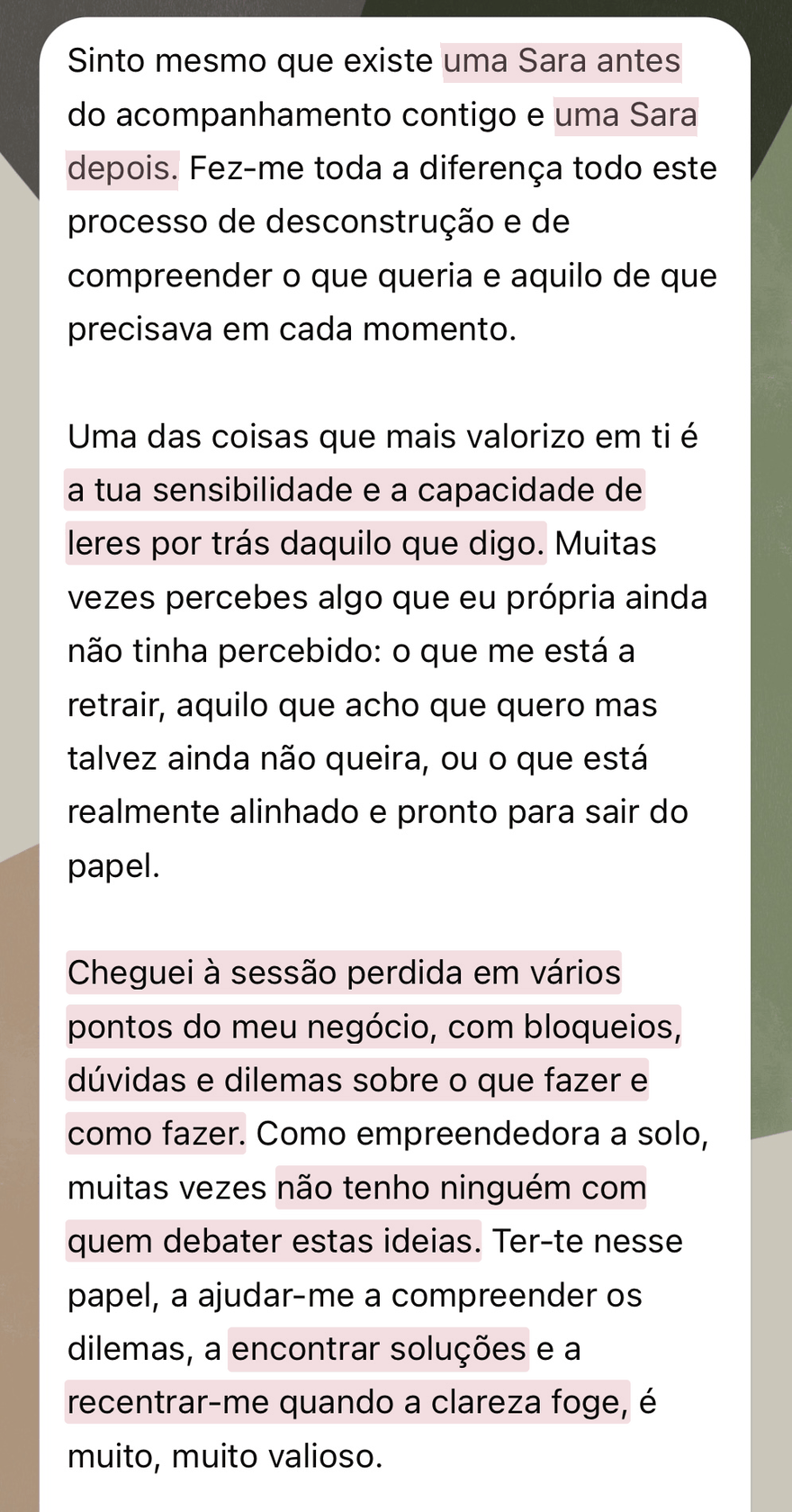 Mensagem de uma cliente a agradecer pelo acompanhamento
