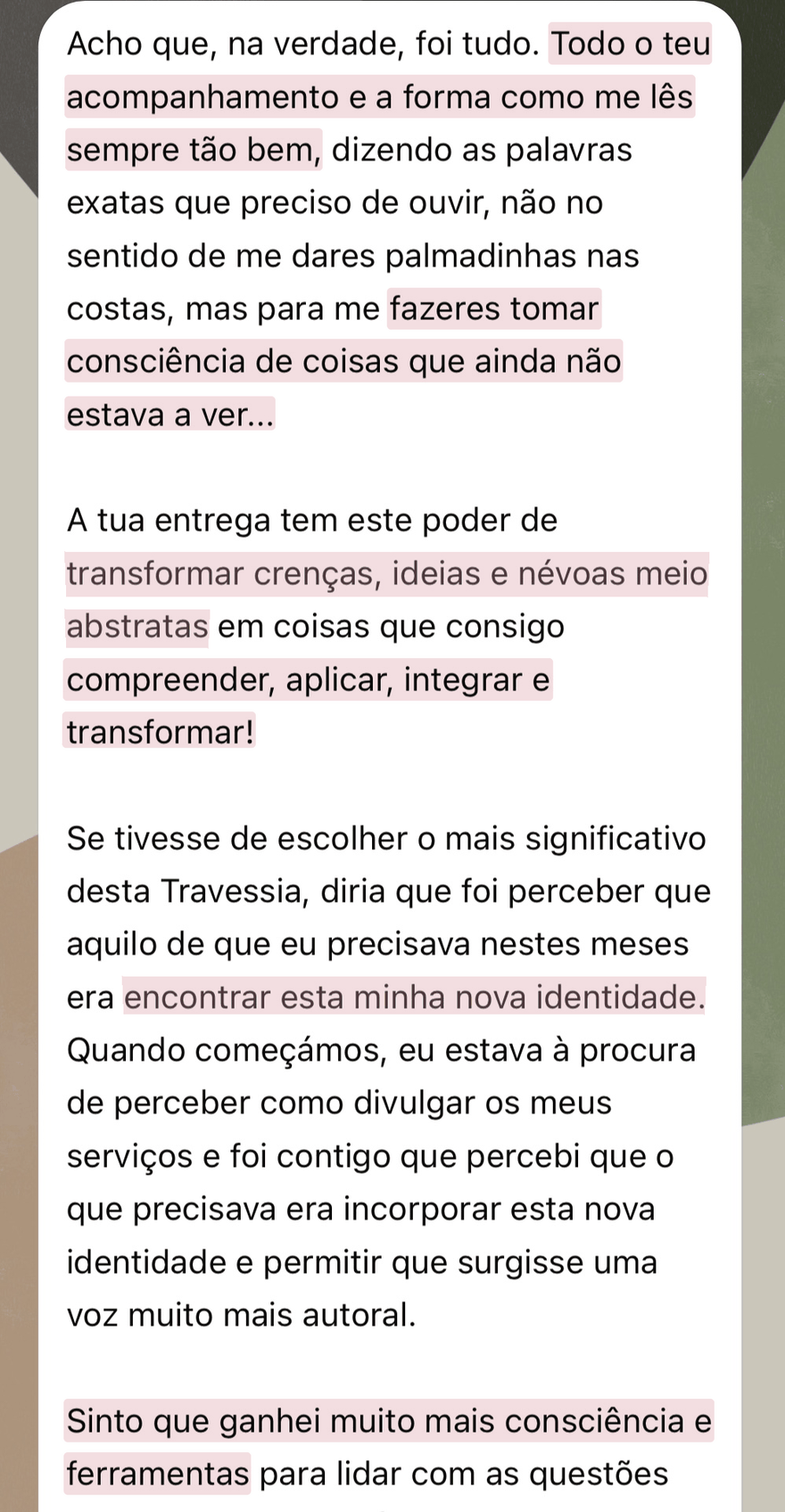 Mensagem de uma cliente sobre o trabalho feito na CEEN
