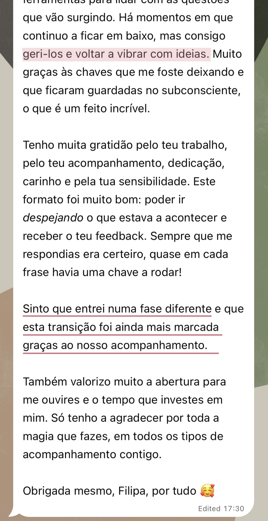 Mensagem de uma cliente sobre o trabalho feito na CEEN