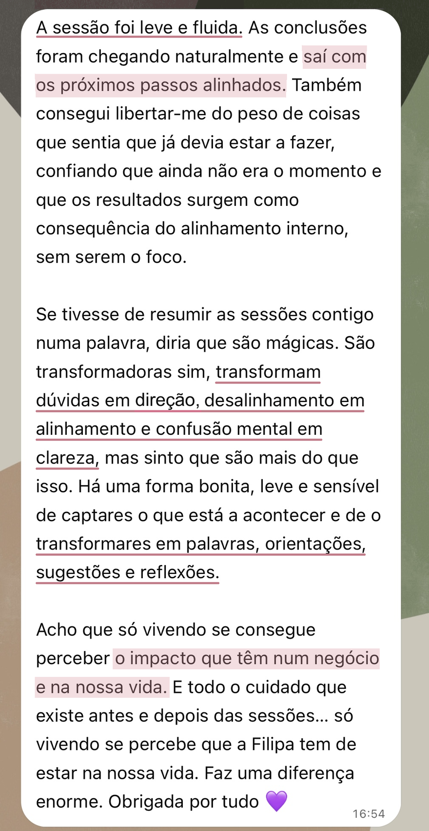 Mensagem de uma cliente sobre o trabalho feito na CEEN