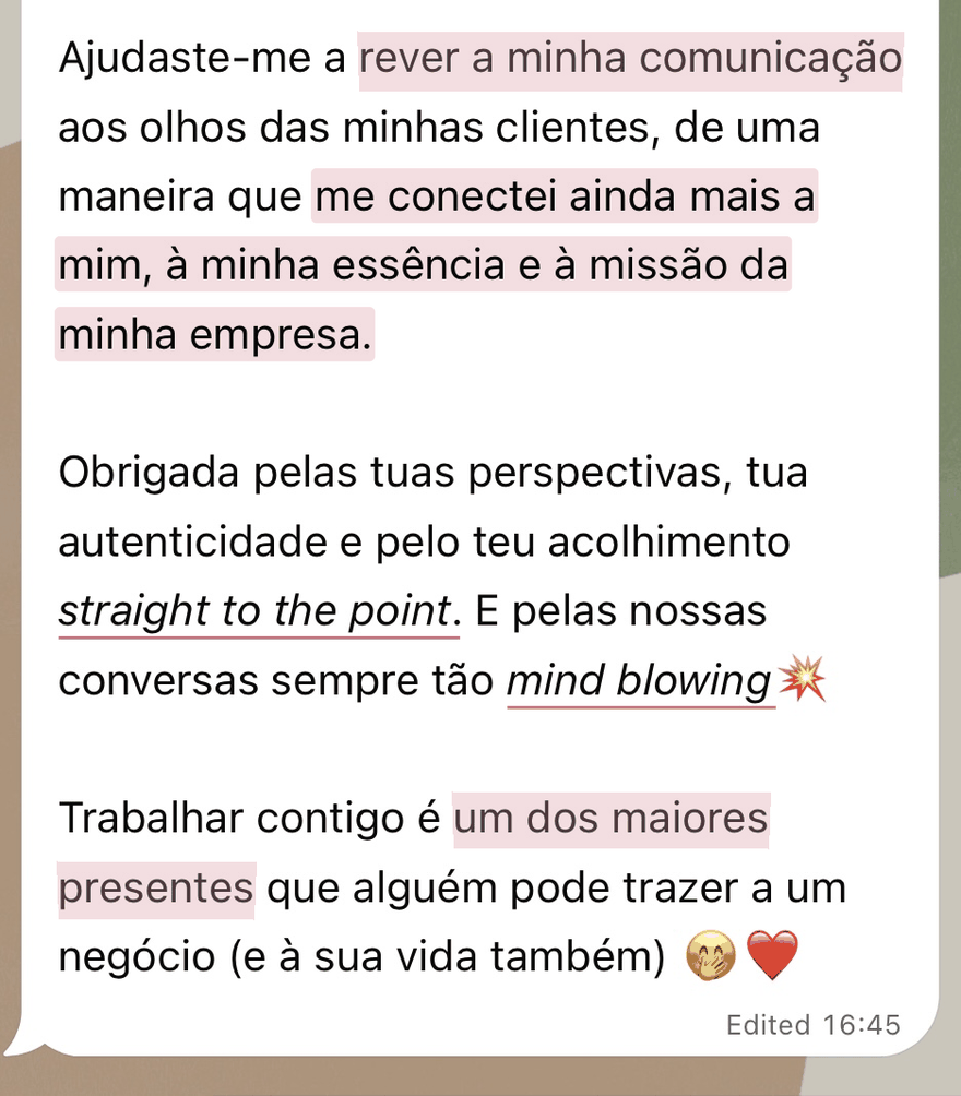 Mensagem de uma cliente sobre a sua experiência na CEEN